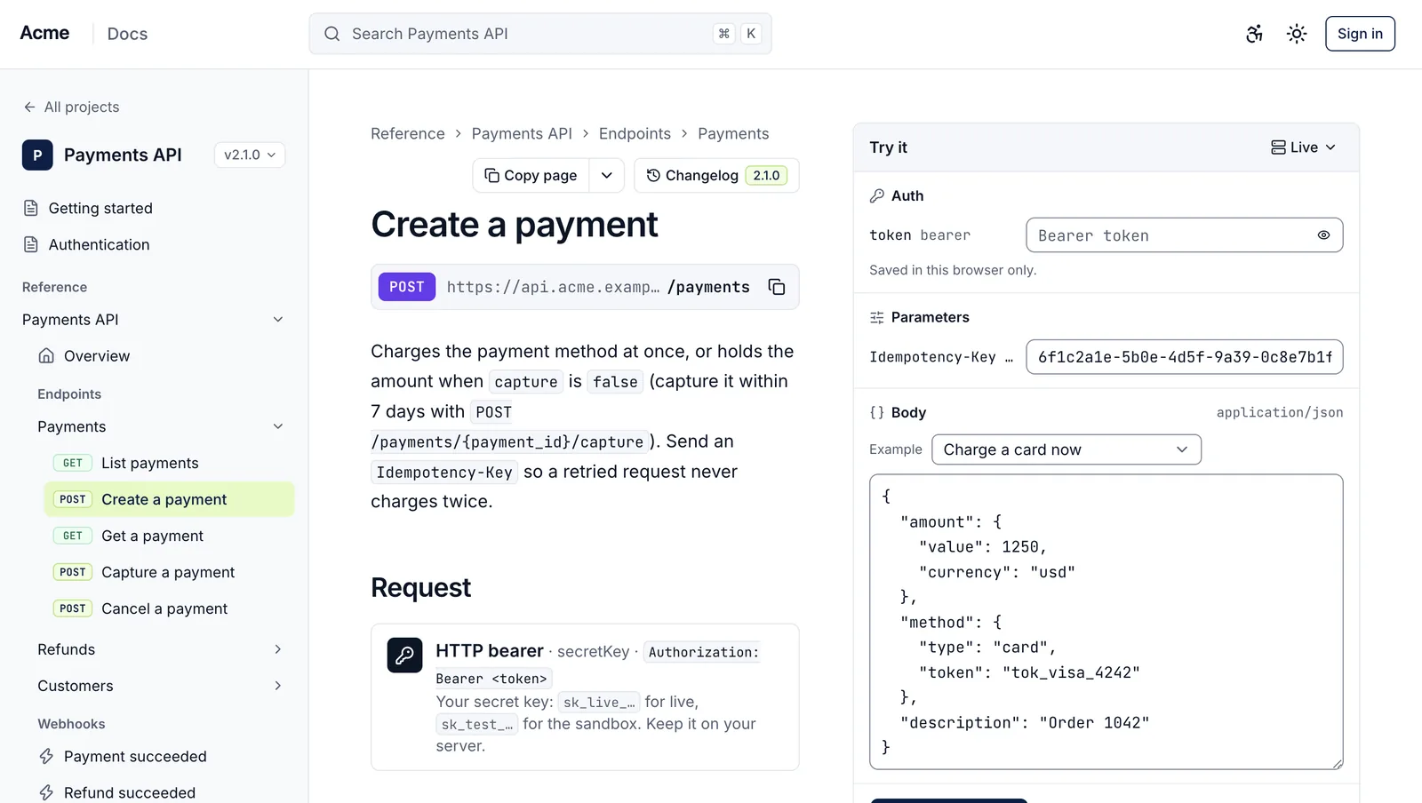 The Docsli live demo: the Create a payment page of a sample Payments API, with the page list on the left and the Try it panel on the right.